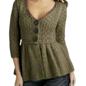 NWT Free People Olive Green Peplum Wool Blend Knit Button Up Cardigan Size Large